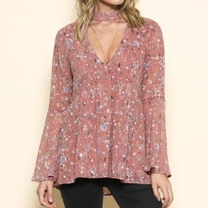 floral chiffon long bell sleeve Deep V boho top